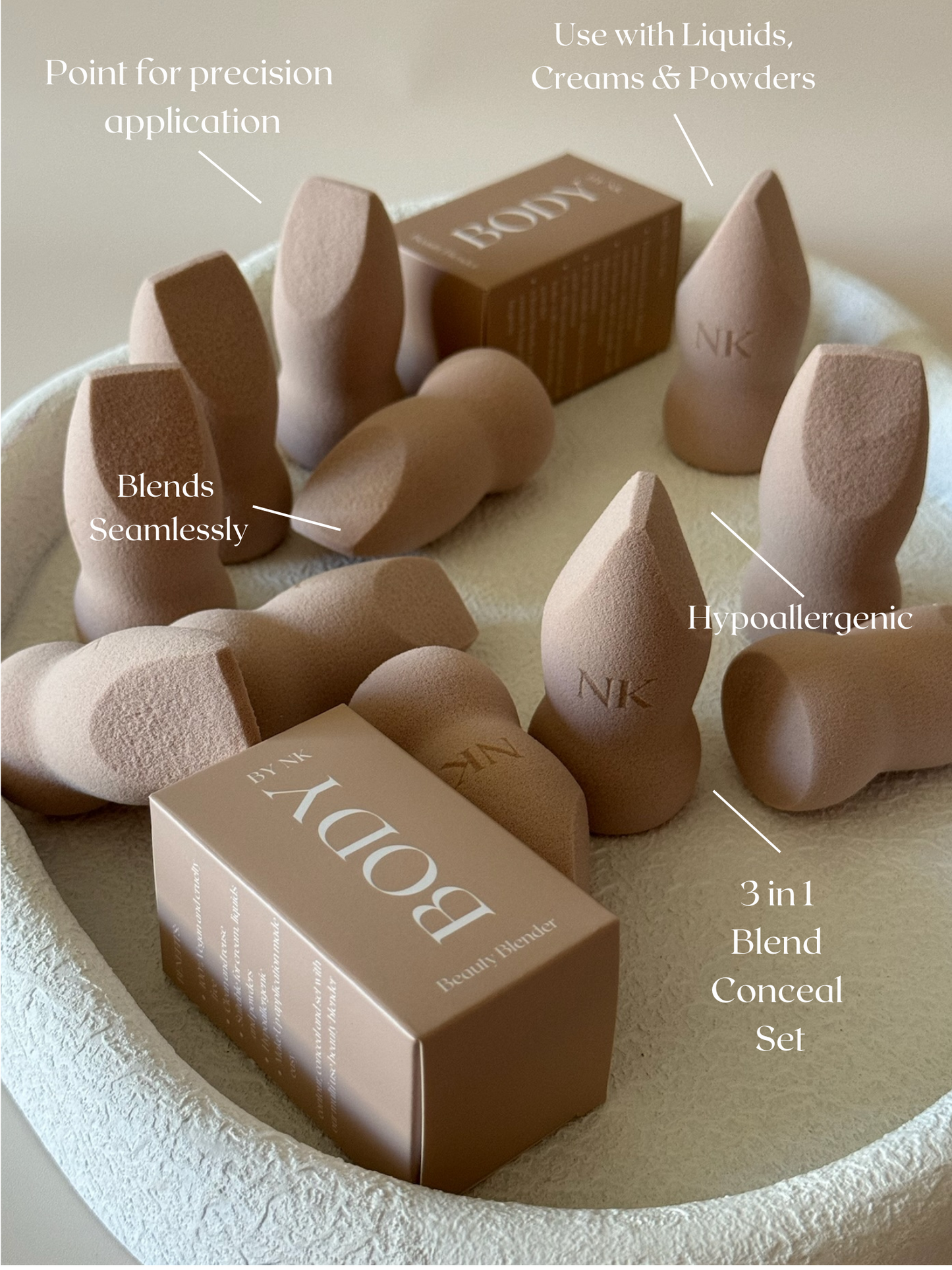 group of beauty blenders with text information overlayed on image